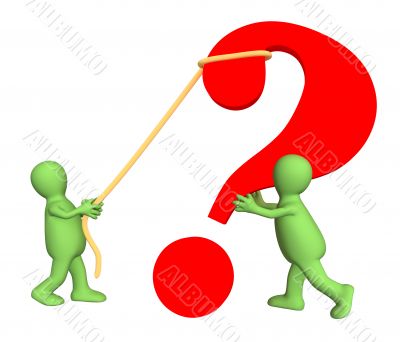 Two 3d puppets installing a question mark