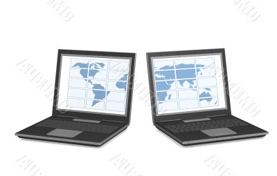 Two laptops with a map of the world on screens