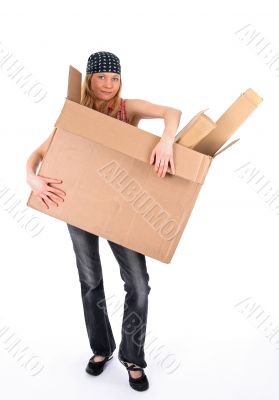 Young woman with a big cardboard box