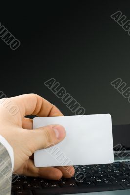 man hand holding blank card