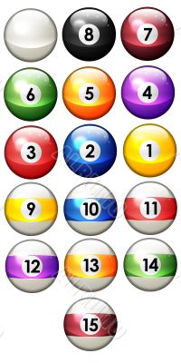 Sixteen pool balls isolated on a white background