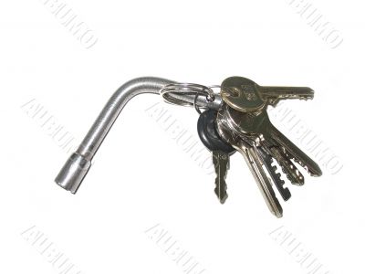 Sheaf of keys on iron ring on a white background