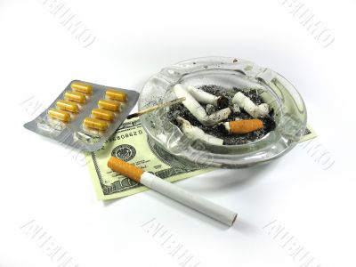 cigarette, money, ash-trash, and drugs