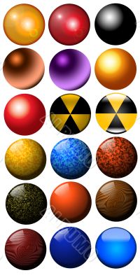 Ilustration balls, glass metal, wood...