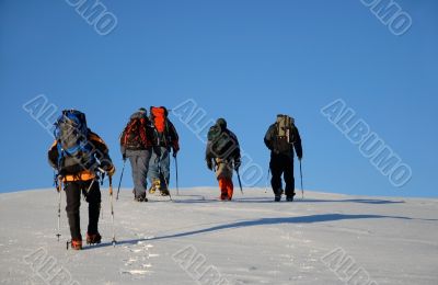 Five people trekking  on a mountain