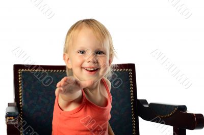 little girl offer hand to audience