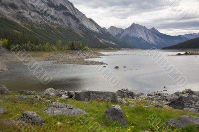 Rocky coast at lake.