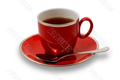 Full Red Teacup and Saucer Isolated on White