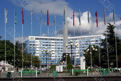 Long building and flags