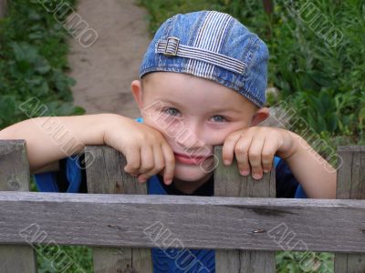 Little boy leaned against the fence