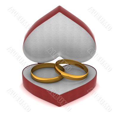 Gift box with gold rings in the form of heart. 3D image.