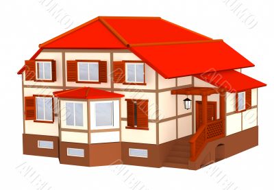 3d cottage with a roof of red color