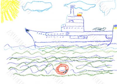 child`s drawing with big battleship