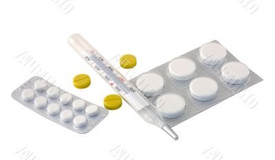 Thermometer and pills.