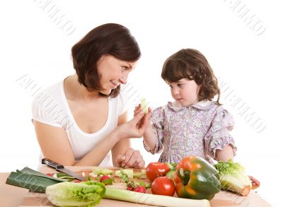 mother and daughter cooking at the kitchen