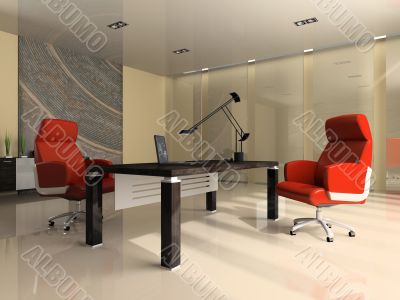 Interior of the modern office with two red armchairs