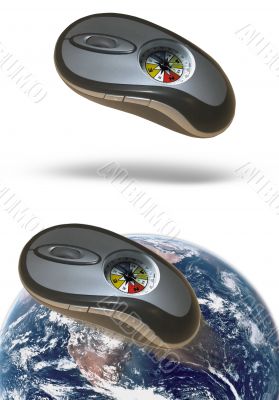 A mouse with a compass over the world