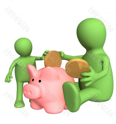 Adult and child lowering coin in piggy bank