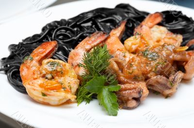 black spaghetti with shrimps