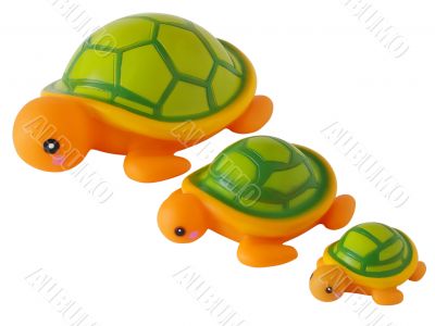 Three toy turtles in line