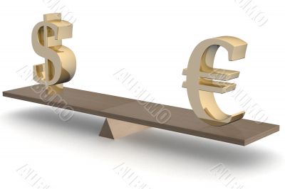 Dollar and euro on scales. 3D image.