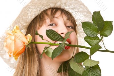 blonde woman with tea rose