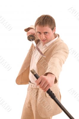 Businessman with katana protect himself