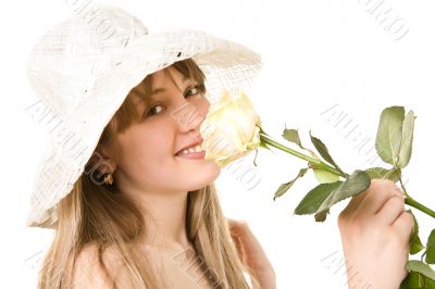 blonde woman with tea rose