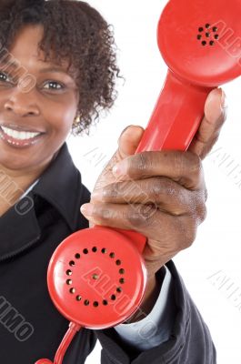 Woman with a red phone