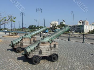Couple cannons in a park