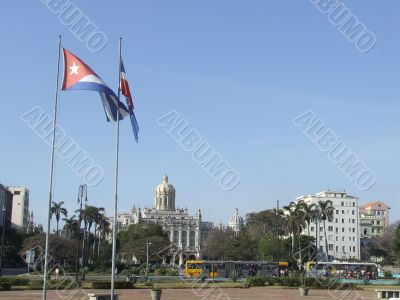 Flags and the Presidetial Palace in Havana