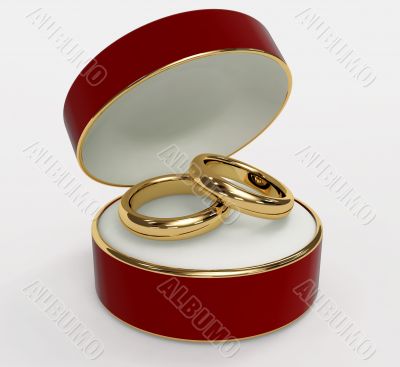 Red 3d casket with two wedding rings