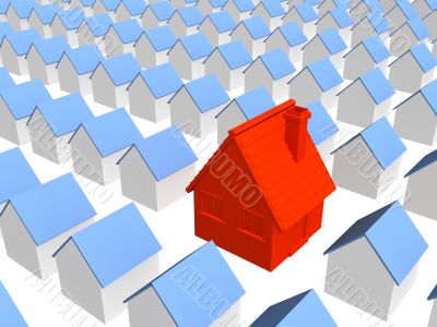 Red house with row identical houses