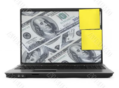 notebook with dollar background and yellow notes