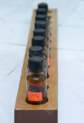 Row of laboratory bottles
