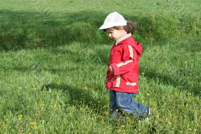 little girl is walking in the spring park