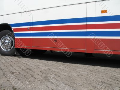 red blue and white bus