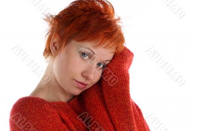 sad red haired woman isolated on white background