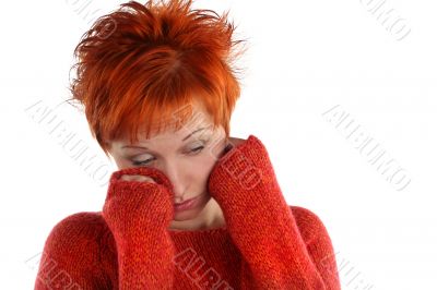 sad red haired woman isolated on white background