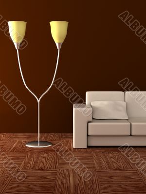 Floor lamp and sofa. Details of an interior.