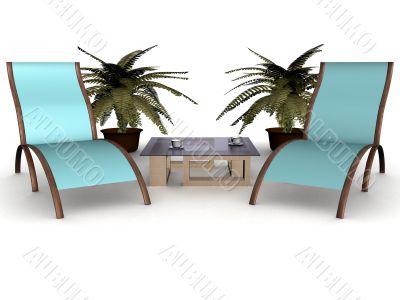 Two deckchairs on a white background. 3D image.