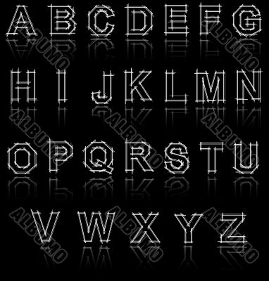white latin letters draftsmanship style on black background