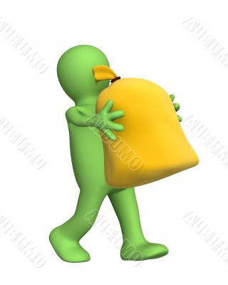 3d puppet, carrying in hands the big bag