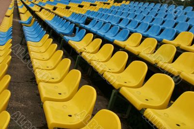A number of chairs, yellow, blue
