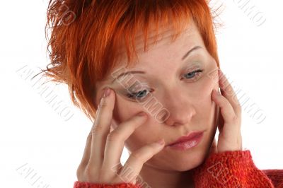 sad red haired woman isolated on white background