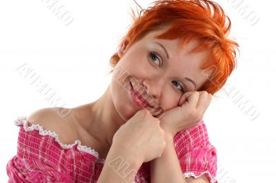 Flirting young red haired woman isolaited on white background