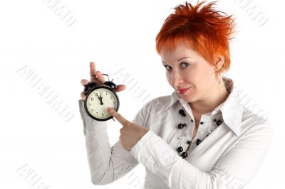 cheerful business woman with clock. Planning and organization concept