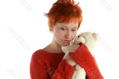 sad woman with teddy bear isolated on white background