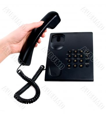 phone ring in human hand on white using telephone