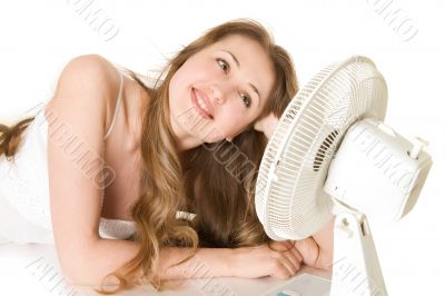 blonde girl with fan